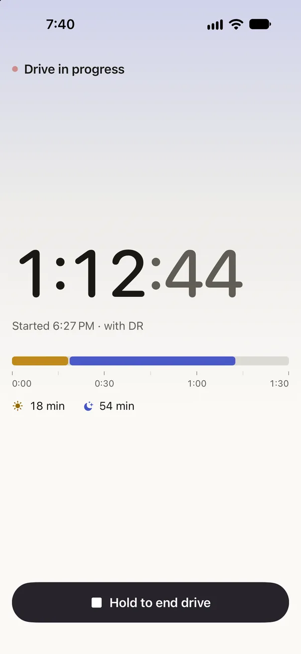 A drive in progress at 1 hour 12 minutes, with 18 minutes in daylight and 54 after dark.